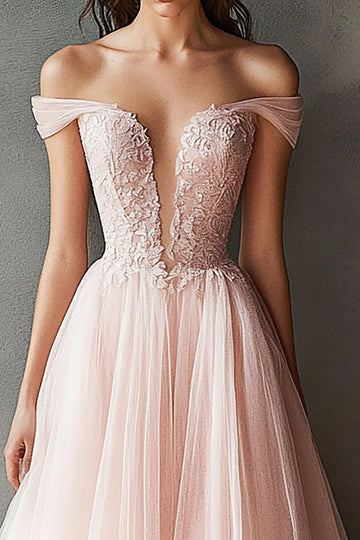 Pink Off The Shoulder Long Tulle Prom Dress with Lace